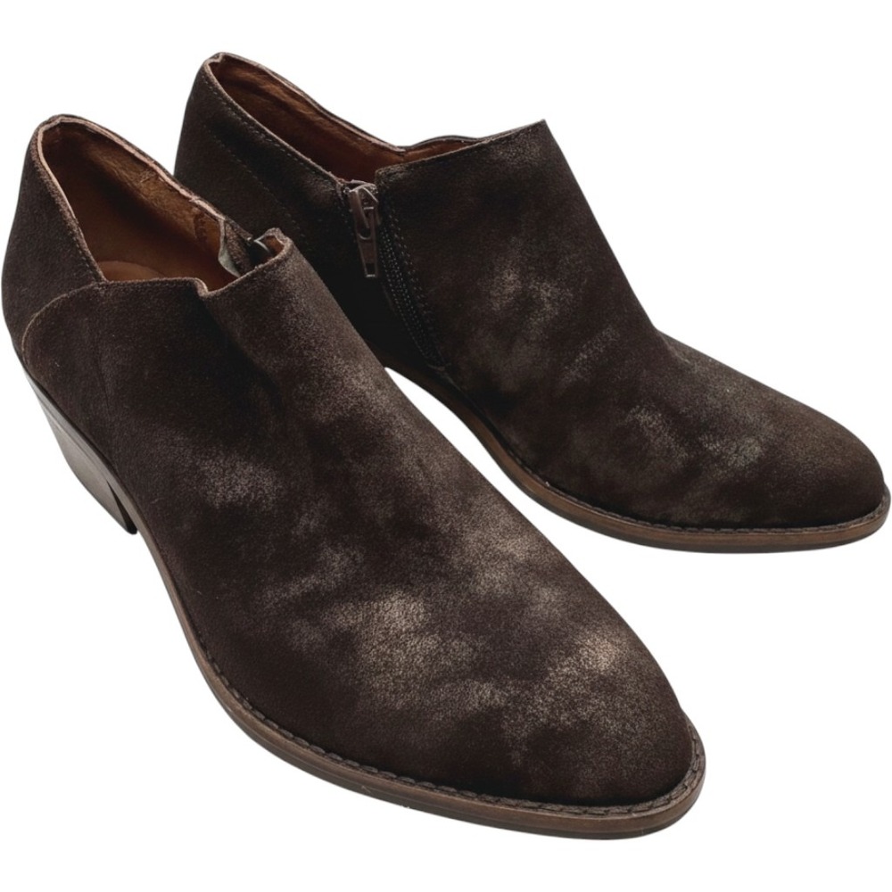Lucky Brand Basel Brown Metallic Suede Ankle Booties Side Zip Stacked Heel
